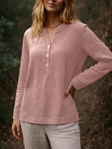SHEIN Franclia 女士纯色V领长袖休闲装饰纽扣衬衫 - 藕粉色 - 查看 7