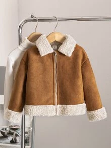 SHEIN 女童長袖保暖前開拉鍊休閒外套 秋冬可愛百搭拼接色保暖內裡人造毛夾克 - 彩色 - 查看 4