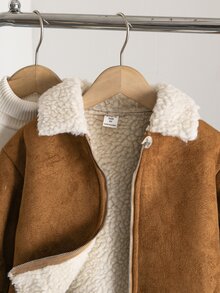 SHEIN 女童長袖保暖前開拉鍊休閒外套 秋冬可愛百搭拼接色保暖內裡人造毛夾克 - 彩色 - 查看 8
