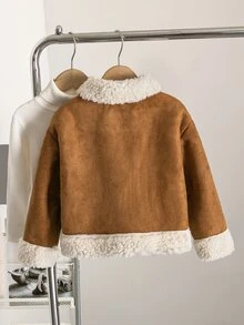SHEIN 女童長袖保暖前開拉鍊休閒外套 秋冬可愛百搭拼接色保暖內裡人造毛夾克 - 彩色 - 查看 5