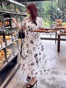 Bijouette Limited Edition Plus Size Apricot Base Purple Ink Print Dress, V-Neck Slim Fit A-Line Long Dress, Perfect For Concealing Belly And Slimming, Suitable For Pear And Apple Body Shapes, Full Size Range, Adjustable Back Design, Fashionable And Flattering For All Body Types - Black and White - View 14