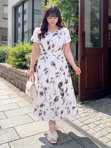 Bijouette Limited Edition Plus Size Apricot Base Purple Ink Print Dress, V-Neck Slim Fit A-Line Long Dress, Perfect For Concealing Belly And Slimming, Suitable For Pear And Apple Body Shapes, Full Size Range, Adjustable Back Design, Fashionable And Flattering For All Body Types - Black and White - View 8