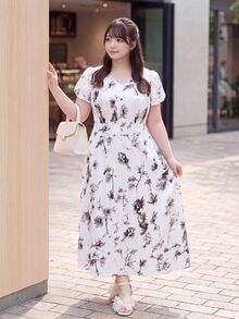 Bijouette Limited Edition Plus Size Apricot Base Purple Ink Print Dress, V-Neck Slim Fit A-Line Long Dress, Perfect For Concealing Belly And Slimming, Suitable For Pear And Apple Body Shapes, Full Size Range, Adjustable Back Design, Fashionable And Flattering For All Body Types - Black and White - View 10