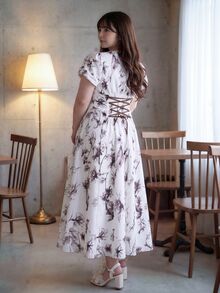 Bijouette Limited Edition Plus Size Apricot Base Purple Ink Print Dress, V-Neck Slim Fit A-Line Long Dress, Perfect For Concealing Belly And Slimming, Suitable For Pear And Apple Body Shapes, Full Size Range, Adjustable Back Design, Fashionable And Flattering For All Body Types - Black and White - View 3