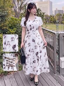 Bijouette Limited Edition Plus Size Apricot Base Purple Ink Print Dress, V-Neck Slim Fit A-Line Long Dress, Perfect For Concealing Belly And Slimming, Suitable For Pear And Apple Body Shapes, Full Size Range, Adjustable Back Design, Fashionable And Flattering For All Body Types - Black and White - View 12