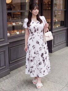Bijouette Limited Edition Plus Size Apricot Base Purple Ink Print Dress, V-Neck Slim Fit A-Line Long Dress, Perfect For Concealing Belly And Slimming, Suitable For Pear And Apple Body Shapes, Full Size Range, Adjustable Back Design, Fashionable And Flattering For All Body Types - Black and White - View 4