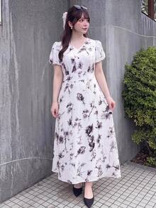 Bijouette Limited Edition Plus Size Apricot Base Purple Ink Print Dress, V-Neck Slim Fit A-Line Long Dress, Perfect For Concealing Belly And Slimming, Suitable For Pear And Apple Body Shapes, Full Size Range, Adjustable Back Design, Fashionable And Flattering For All Body Types - Black and White - View 2
