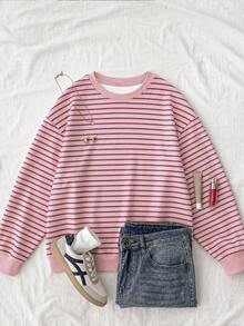 Kids Tween Girls Casual Crew Neck Drop Shoulder Sweatshirt Back-To-School School Pink Stripe Autumn - Multicolor - View 3