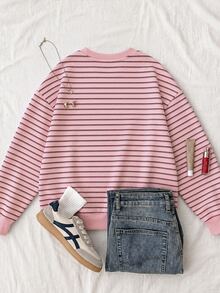 Kids Tween Girls Casual Crew Neck Drop Shoulder Sweatshirt Back-To-School School Pink Stripe Autumn - Multicolor - View 2