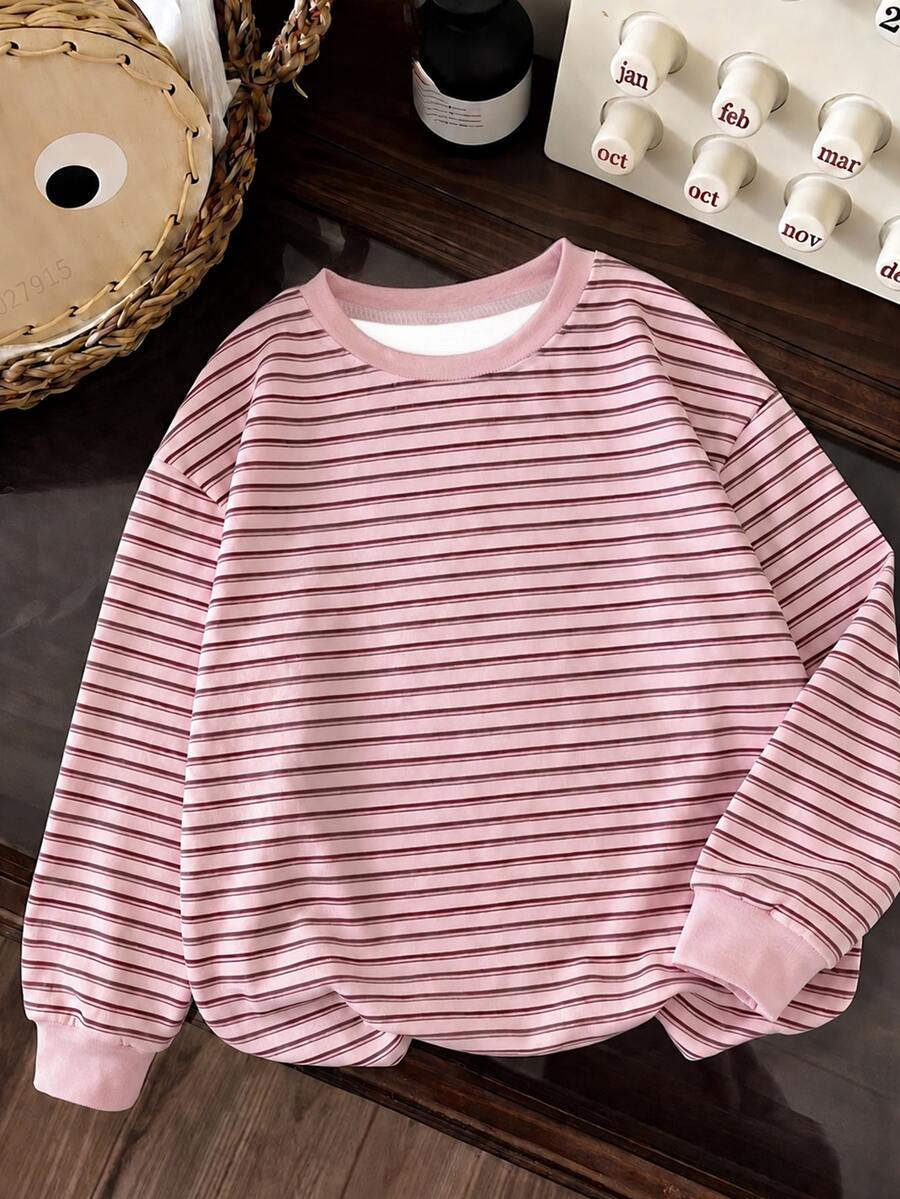 Kids Tween Girls Casual Crew Neck Drop Shoulder Sweatshirt Back-To-School School Pink Stripe Autumn - Multicolor - View 1