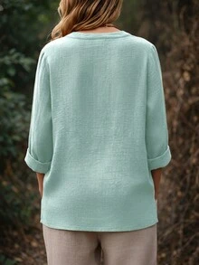 SHEIN Franclia 女款純色V領長袖襯衫，寬鬆休閒上衣，秋季度假鼠尾草綠 - 薄荷綠 - 查看 2