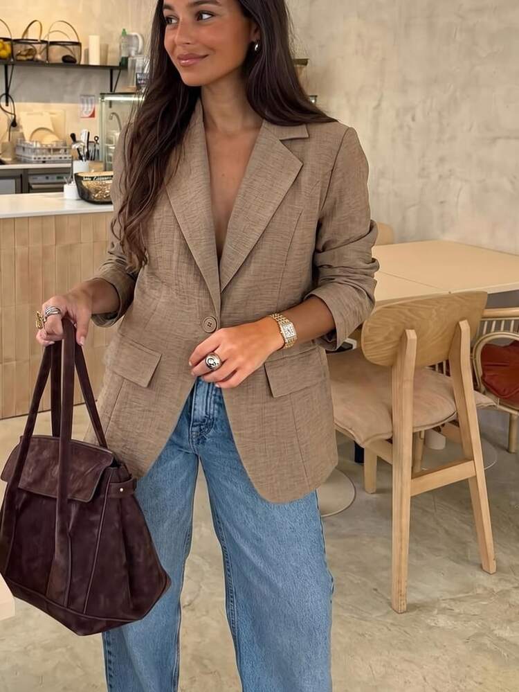 Franclia 女款棕色單鈕扣收腰西裝外套，挺括缺口領雙縫線假口袋設計，夏季棕色上衣，通勤社交/上班穿搭，女式商務正裝，度假社交上衣 - 棕色 - 查看 9