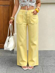 Rivivi Women's Pocket Button Casual Cute Versatile Daily Wear Denim Jeans Vacation Pale Yellow Autumn - Yellow - View 7