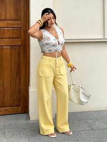 Rivivi Women's Pocket Button Casual Cute Versatile Daily Wear Denim Jeans Vacation Pale Yellow Autumn - Yellow - View 5