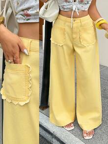 Rivivi Women's Pocket Button Casual Cute Versatile Daily Wear Denim Jeans Vacation Pale Yellow Autumn - Yellow - View 1