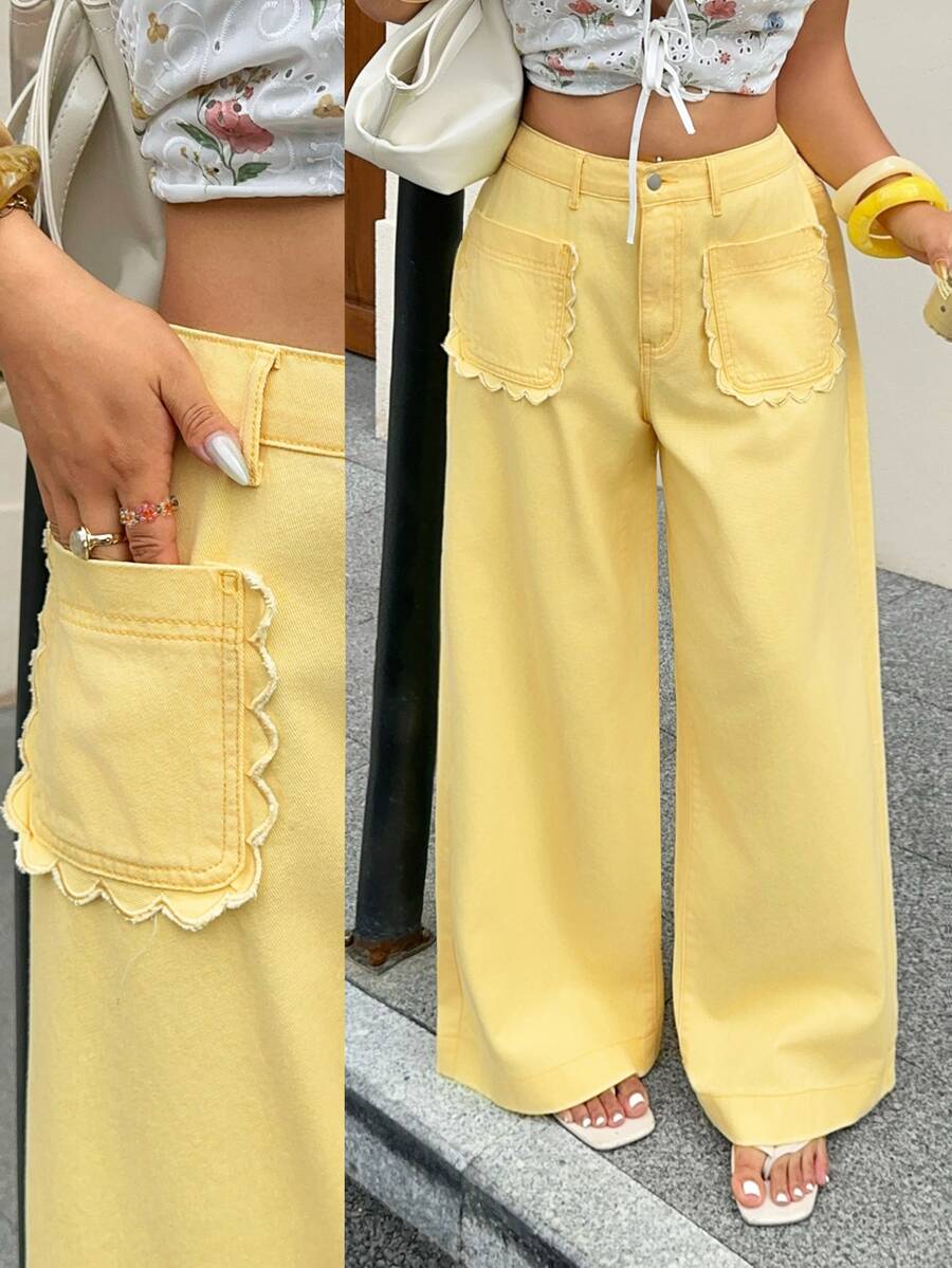 Rivivi Women's Pocket Button Casual Cute Versatile Daily Wear Denim Jeans Vacation Pale Yellow Autumn - Yellow - View 1