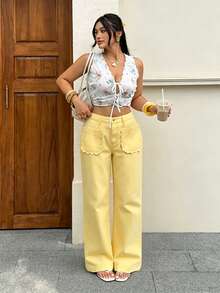 Rivivi Women's Pocket Button Casual Cute Versatile Daily Wear Denim Jeans Vacation Pale Yellow Autumn - Yellow - View 8