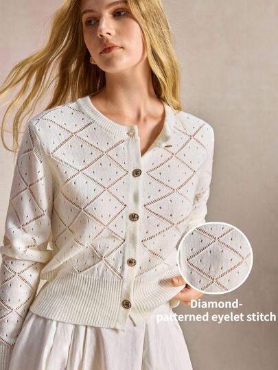 BizChic Women's White Argyle Perforated Long Sleeve Single-Breasted Cardigan, French Elegant Vintage Office Commute Business Workplace Social Formal Halloween Holiday Graduation Urban Daily Casual 90s Old Money Style Outing Date Birthday Party Gathering Wedding Guest Country Style Concert Travel Minimalist Basic Outfit Brunch Tea Party Airport Wear
