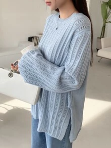 DAZY كنزة صوفية كاجوال للنساء بأكمام واسعة وأحادية اللون، ملابس علوية بأكمام طويلة للخريف رمضان - الأزرق - مشاهدة 4