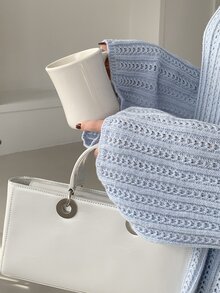 DAZY كنزة صوفية كاجوال للنساء بأكمام واسعة وأحادية اللون، ملابس علوية بأكمام طويلة للخريف رمضان - الأزرق - مشاهدة 3