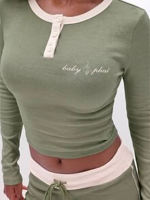 BABYPHAT Women's Letter Print Casual Long Sleeve Top For Daily Wear - Army Green - View 7