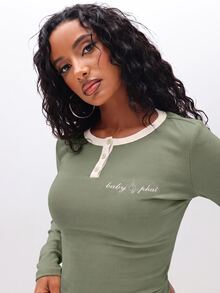 BABYPHAT Women's Letter Print Casual Long Sleeve Top For Daily Wear - Army Green - View 6