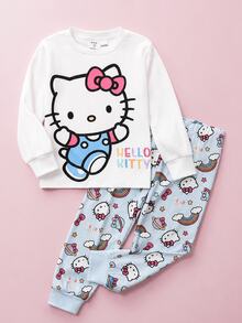 Maija Kids HELLO KITTY AND FRIENDS | SHEIN Maija Kids 女童修身可愛卡通圖案長袖睡衣彈性腰長褲居家服套裝 - 藍白色 - 查看 6