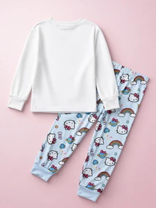 Maija Kids HELLO KITTY AND FRIENDS | SHEIN Maija Kids 女童修身可愛卡通圖案長袖睡衣彈性腰長褲居家服套裝 - 藍白色 - 查看 7