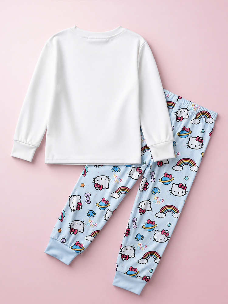Maija Kids HELLO KITTY AND FRIENDS | SHEIN Maija Kids Set Piyama Anak Perempuan Lucu Lengan Panjang dengan Celana Pinggang Elastis dan Pakaian Santai - Blue and White - View 7