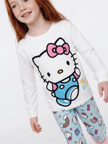 Maija Kids HELLO KITTY AND FRIENDS | SHEIN Maija Kids 女童修身可愛卡通圖案長袖睡衣彈性腰長褲居家服套裝 - 藍白色 - 查看 3