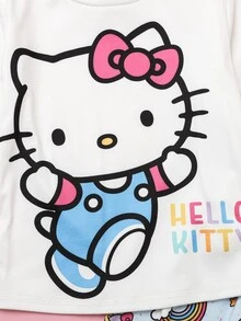 Maija Kids HELLO KITTY AND FRIENDS | SHEIN Maija Kids 女童修身可愛卡通圖案長袖睡衣彈性腰長褲居家服套裝 - 藍白色 - 查看 8