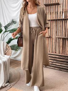 EMERY ROSE Women's Loose Linen Long Coat And Wide Leg Pants Casual 2pcs Set, Autumn Fall Cloth For Women - Khaki - View 3