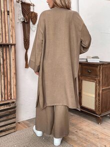 EMERY ROSE Women's Loose Linen Long Coat And Wide Leg Pants Casual 2pcs Set, Autumn Fall Cloth For Women - Khaki - View 2