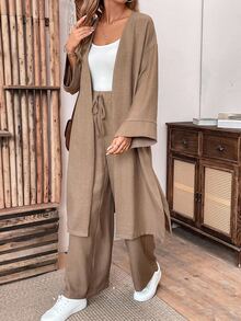 EMERY ROSE Women's Loose Linen Long Coat And Wide Leg Pants Casual 2pcs Set, Autumn Fall Cloth For Women - Khaki - View 7