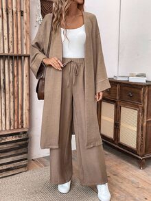 EMERY ROSE Women's Loose Linen Long Coat And Wide Leg Pants Casual 2pcs Set, Autumn Fall Cloth For Women - Khaki - View 8