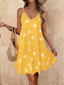 EMERY ROSE Women Daisy Flower Print Ruffle Hem Casual Cami Dress - Yellow - View 1