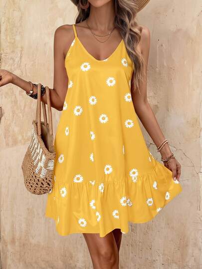 EMERY ROSE Robe camisole décontractée avec volant à l'ourlet, imprimé fleur de marguerite pour femme