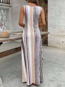 EMERY ROSE Women's Casual Summer Vacation Style Contrast Stripe Print Slit Pocket Loose Sleeveless Dress - Apricot - View 2