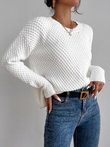 SHEIN 纯色落肩圆领毛衣，长袖针织套头衫，秋冬款 - 白色 - 查看 4