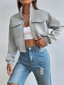EMERY ROSE Solid Zip Up Drop Shoulder Sweatshirt,Long Sleeve Tops Graduation,Teacher,Back To School Fall - Grey - View 4