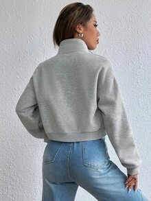 EMERY ROSE Solid Zip Up Drop Shoulder Sweatshirt,Long Sleeve Tops Graduation,Teacher,Back To School Fall - Grey - View 2