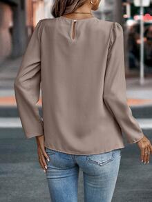 EMERY ROSE Camisa casual de manga abullonada de unicolor, para otoño y primavera, camiseta de manga larga - Café integral - Ver 2