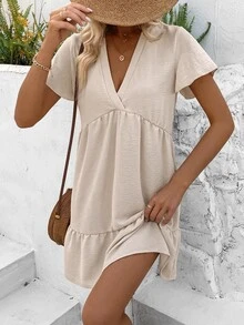 EMERY ROSE Của phụ nữ Màu thuần Xù Hoa Sen Đầm - Màu be - Xem 6