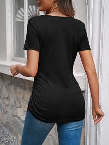 EMERY ROSE Women Summer Solid Color V-Neck Short Sleeve Casual T-Shirt - Black - View 2
