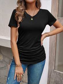 EMERY ROSE Women Summer Solid Color V-Neck Short Sleeve Casual T-Shirt - Black - View 6