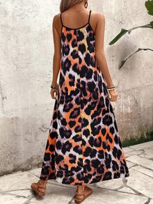 EMERY ROSE Women Leopard Print Sleeveless Dress, Casual Boho Holiday Dress Maxi Beach Holiday Outfit Black And Orange Summer - Multicolor - View 2
