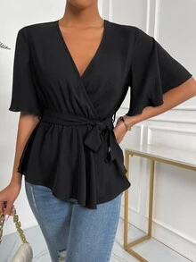 EMERY ROSE Solid Wrap Belted V-Neck Blouse Peplum Top - Black - View 6