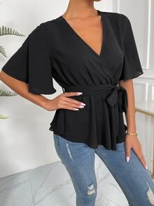 EMERY ROSE Solid Wrap Belted V-Neck Blouse Peplum Top - Black - View 5