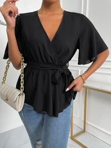 EMERY ROSE Solid Wrap Belted V-Neck Blouse Peplum Top - Black - View 7