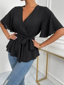 EMERY ROSE Solid Wrap Belted V-Neck Blouse Peplum Top - Black - View 2